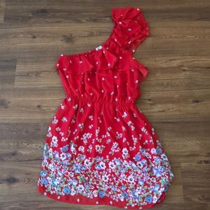 Red Floral One-Shoulder Dress